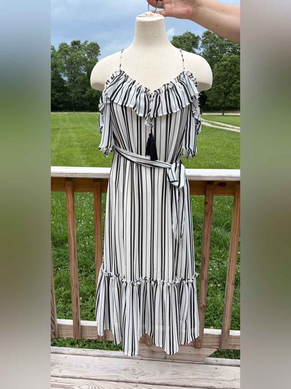 Jealous Tomato Boho Striped On And Off Shoulder Maxi Dress Black And White